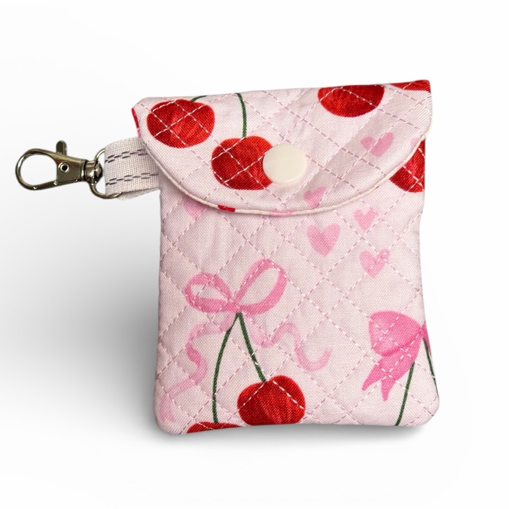 Hand Crafted AirPod Case Quilted Cherry Fabric with Keychain Cotton Earbud Case